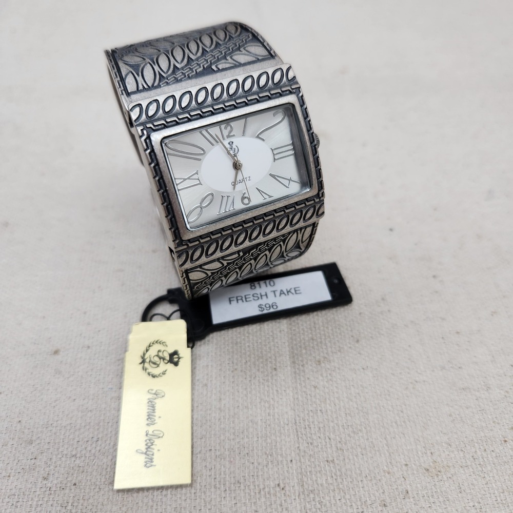 Premier Designs Watch Women Silver Tone Clamper Band Fresh Take NOS Need Battery